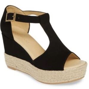 Cordani Elisa Sz 39 8.5 Black Suede T-Strap Espadrille Wedge Heel Sandals